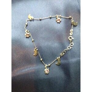 Stamped sterling silver charm anklet with pink zirconia accents